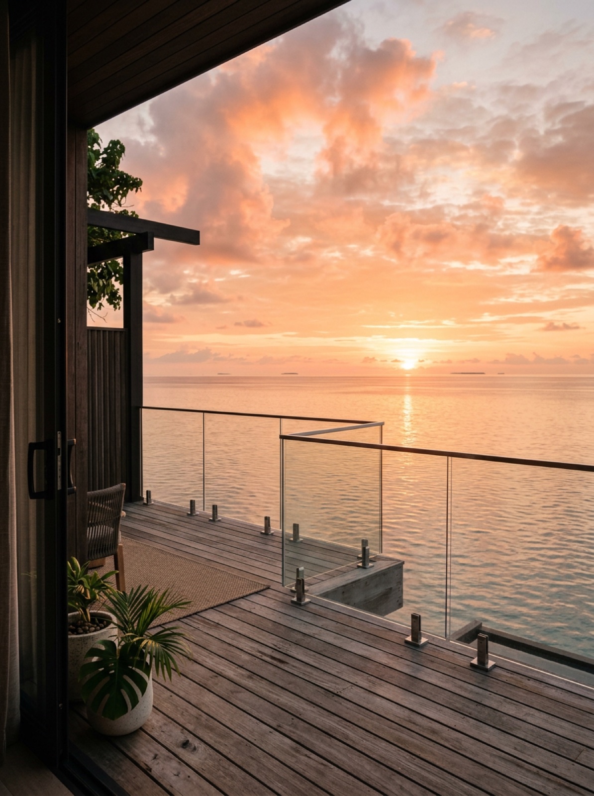 Dawn over a calm ocean seen from the balcony of a modern villa, coral sky above the horizon